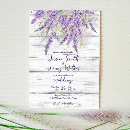 Invitación Lavanda rústica en boda de madera blanca