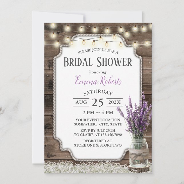 Invitación Lavanda Rústica Flor Jar Elegante Ducha Bridal (Anverso)