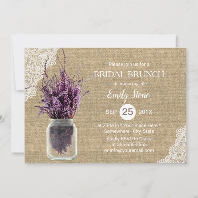 Invitación Lavanda Rústica Floral Jar Burlap Ducha Bridal (Anverso)