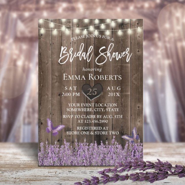 Invitación Lavanda Rústica Floral Madera Oscura Ducha Bridal (Subido por el creador)