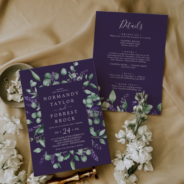 Invitación Lavanda Rústica Floral Púrpura Todo En Un Boda (Rustic Lavender Purple Floral All In One Wedding Invitation)
