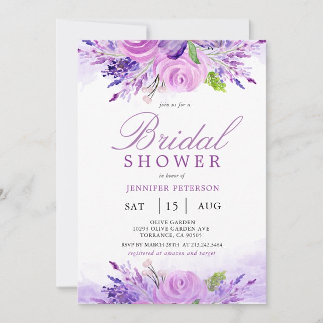 Invitación Lavanda Rústica Flores Púrpura Ducha Bridal (Anverso)