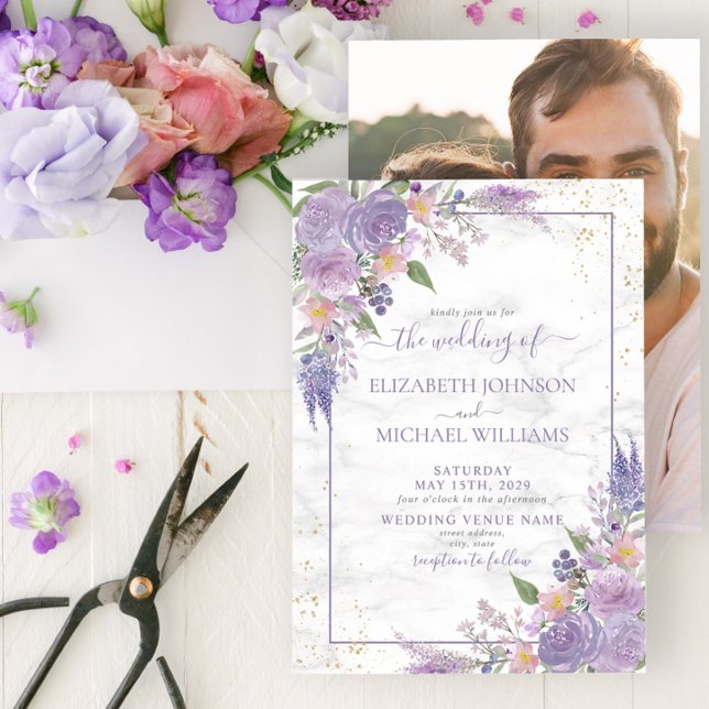 Invitación Lavanda Rústica Lilac Gold Boda de fotografía flor (Subido por el creador)