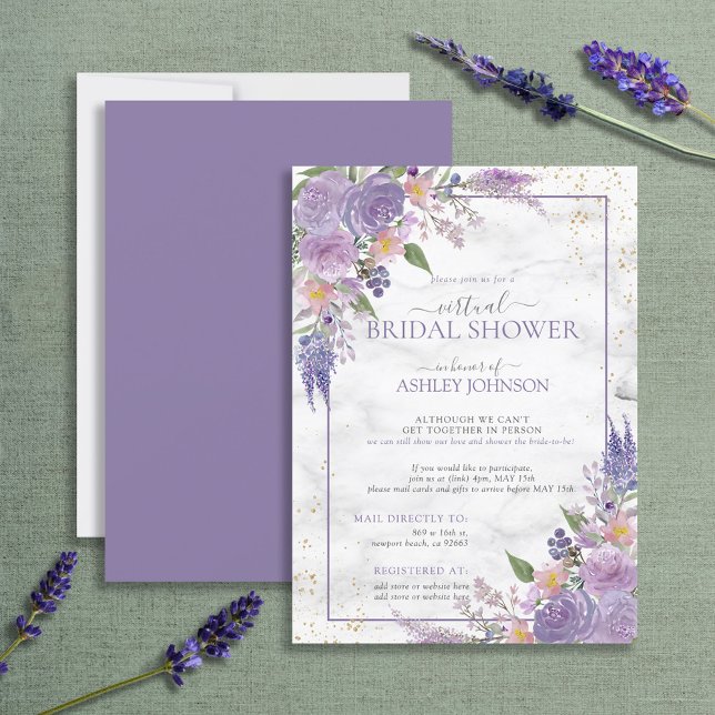 Invitación Lavanda Rústica Lilac Gold Floral Virtual Ducha (Subido por el creador)