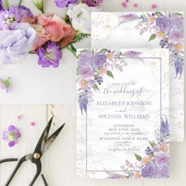 Invitación Lavanda Rústica Lilac Marble Gold Boda Floral
