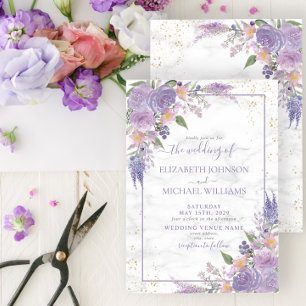 Invitación Lavanda Rústica Lilac Marble Gold Boda Floral