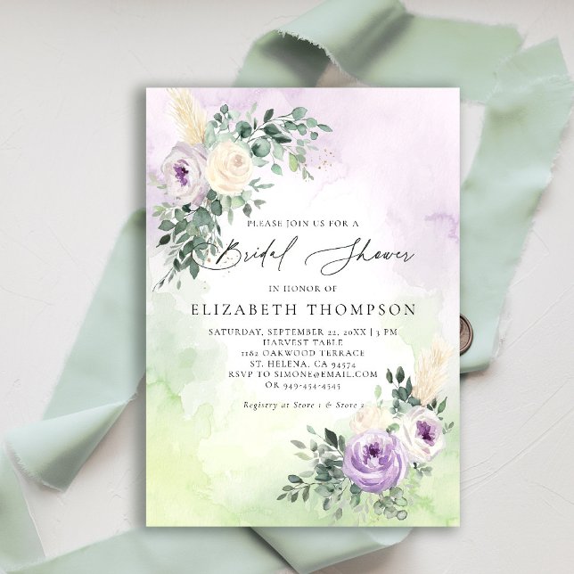 Invitación Lavanda rústica Moda de Boho morado ducha de novia (purple lavender lilac bridal shower brunch invitation watercolor floral garden romantic rustic barn)