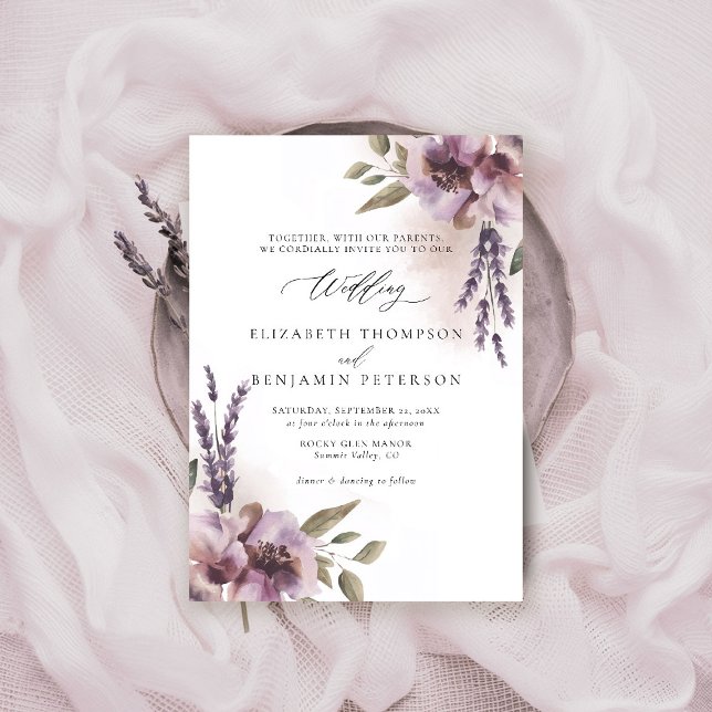 Invitación Lavanda Rústica Moda Floral Púrpura Boda elegante (rustic lavender wedding invitation watercolor elegant floral mauve purple barn ranch garden)
