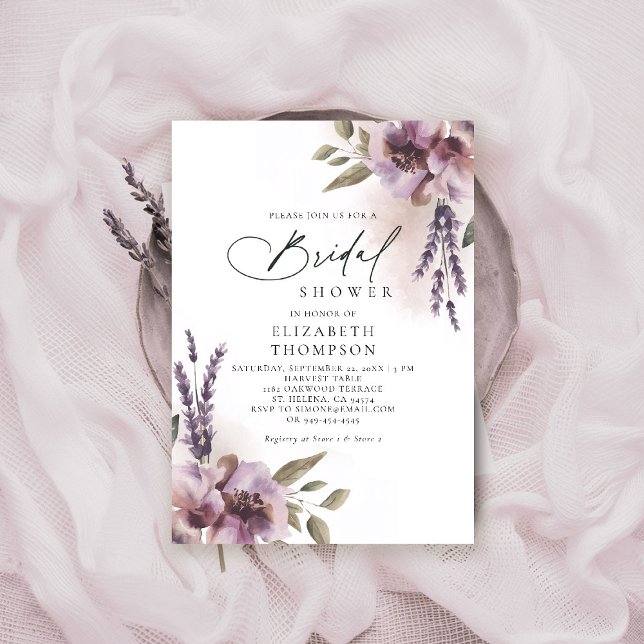 Invitación Lavanda Rústica Moda morada floral ducha de novia (rustic lavender bridal shower invitation watercolor elegant floral mauve purple barn ranch garden)