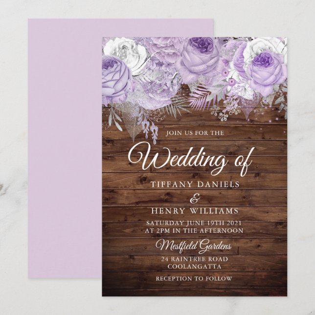 Invitación Lavanda Rústica Morado Esparkle Boda Floral (Anverso / Reverso)