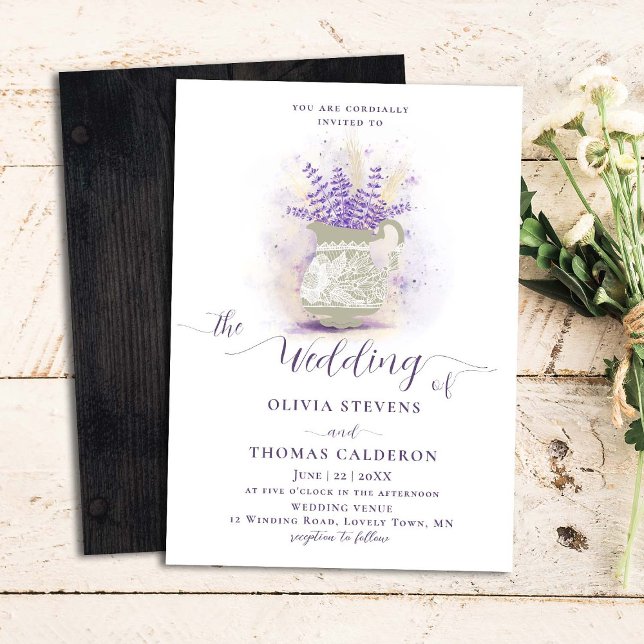 Invitación Lavanda Rústica Trigo Madera Flor Pot Lace Boda (Subido por el creador)