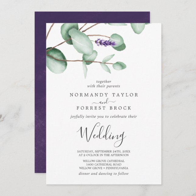 Invitación Lavanda rústica y Boda de eucalipto (Anverso / Reverso)