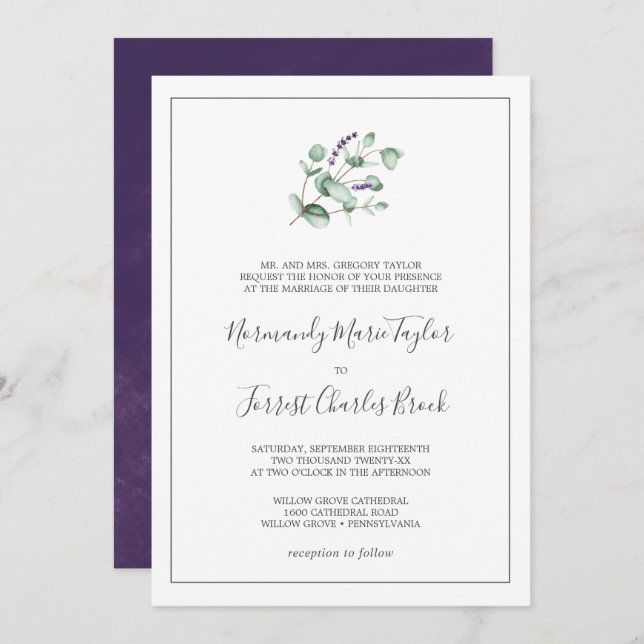 Invitación Lavanda rústica y Boda formal eucalipto (Anverso / Reverso)