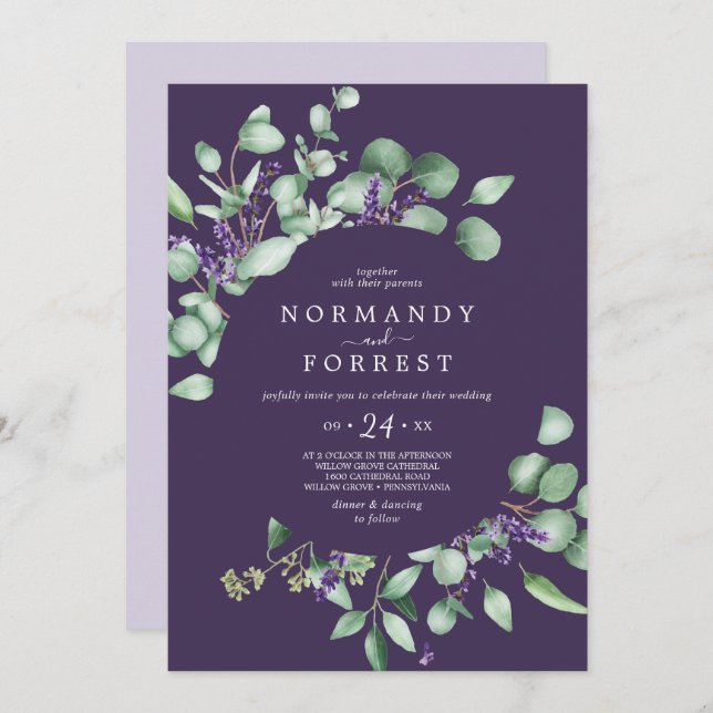 Invitación Lavanda rústica y eucalipto Boda púrpura (Anverso / Reverso)
