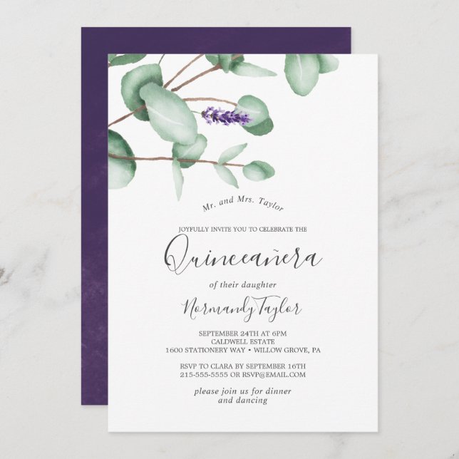 Invitación Lavanda rústica y Eucalyptus Quinceañera (Anverso / Reverso)