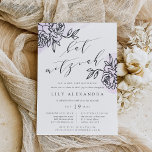 Invitación Lavanda | Secret Garden Bat Mitzvah<br><div class="desc">El murciélago mitzvah, sencillo y elegante, invita a la moda con letras caligráficas modernas y no negras, flanqueadas por ilustraciones de contorno floral de estilo vintage sobre un lavabo de suave acuarela púrpura de lavanda. Personaliza con tu ceremonia de mitzvah de murciélago y detalles de fiesta debajo. Las invitaciones de...</div>