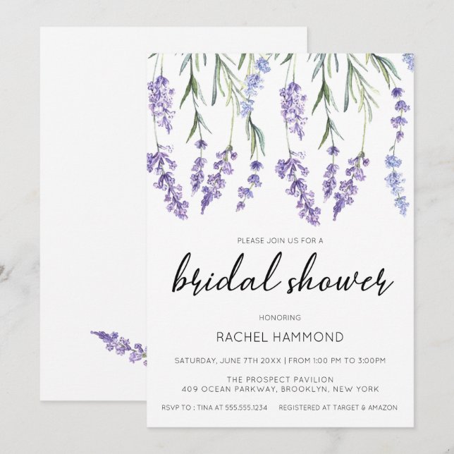 Invitación Lavanda sencilla y elegante, ducha de novia (Anverso / Reverso)