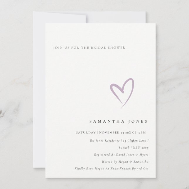 Invitación Lavanda simple mínima Lilac Corazón Corazón Ducha  (Anverso)