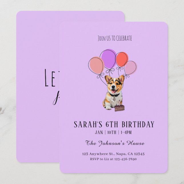 Invitación Lavanda Soñadora - Cumpleaños de Corgi Personaliza (Anverso / Reverso)