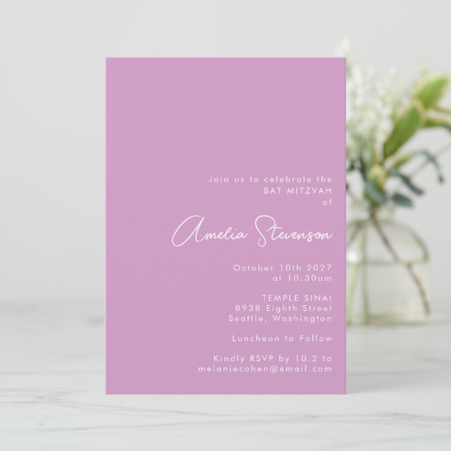 Invitación Lavanda suave Morado Minimalista Morado Bat Mitzva (Anverso de pie)