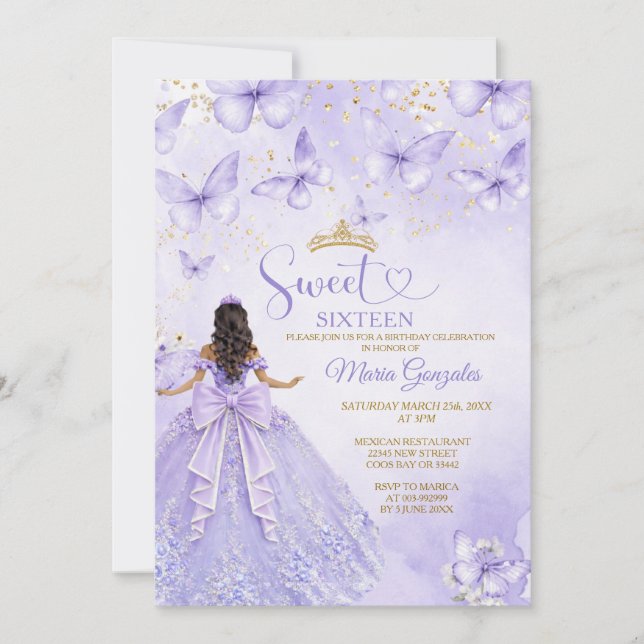 Invitación Lavanda Sweet 16 con Mariposas (Anverso)
