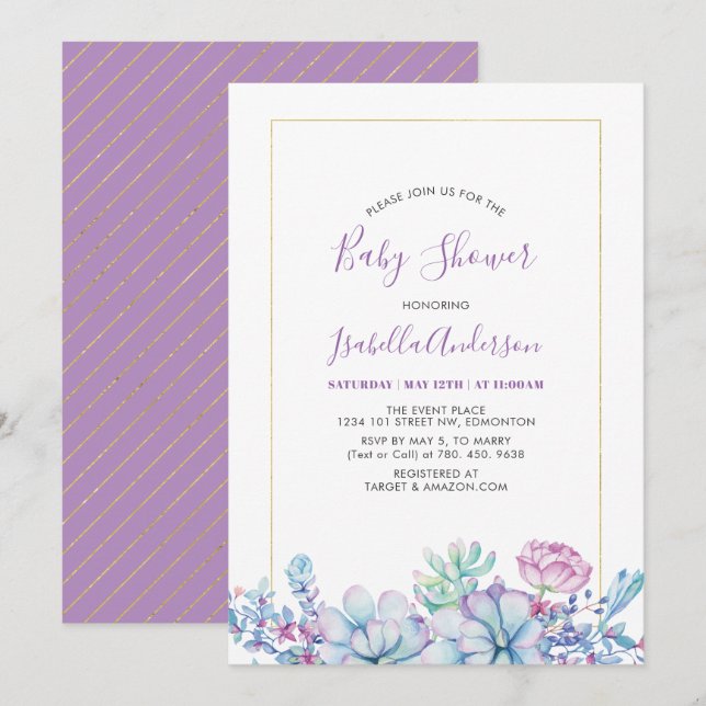 Invitación Lavanda | Tropical Succulical Summer Baby Shower (Anverso / Reverso)