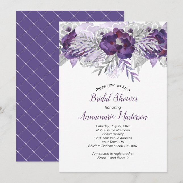 Invitación Lavanda ultravioleta Gris Floral Ducha de novia (Anverso / Reverso)