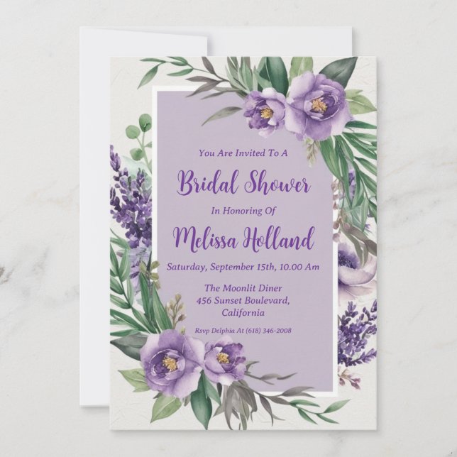 Invitación lavanda verde agua púrpura floral ducha de novia (Anverso)