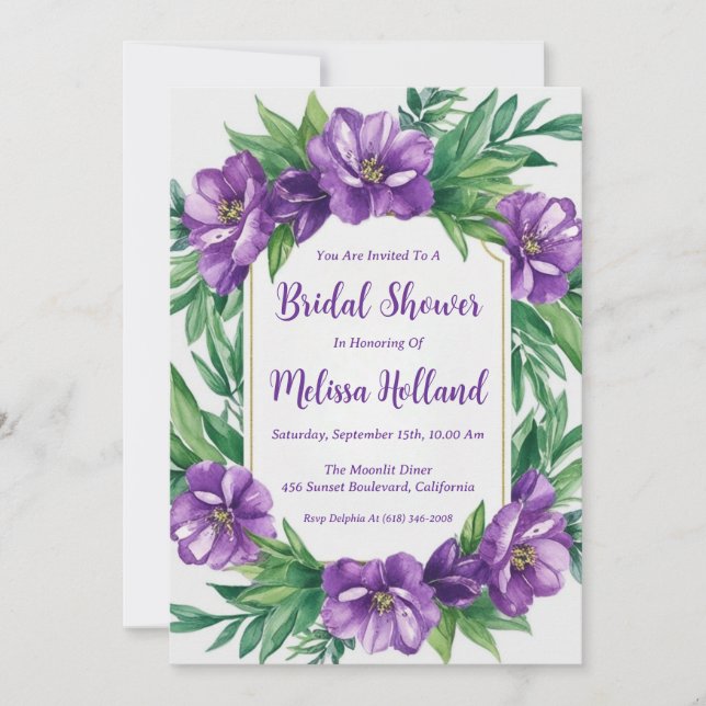 Invitación lavanda verde agua púrpura floral ducha de novia (Anverso)