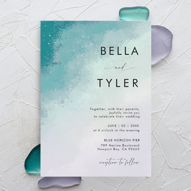 Invitación Lavanda Verde azulada de vidrio marino costero Bod (coastal wedding invitation sea glass teal blue lavender purple modern ocean beach elegant modern)