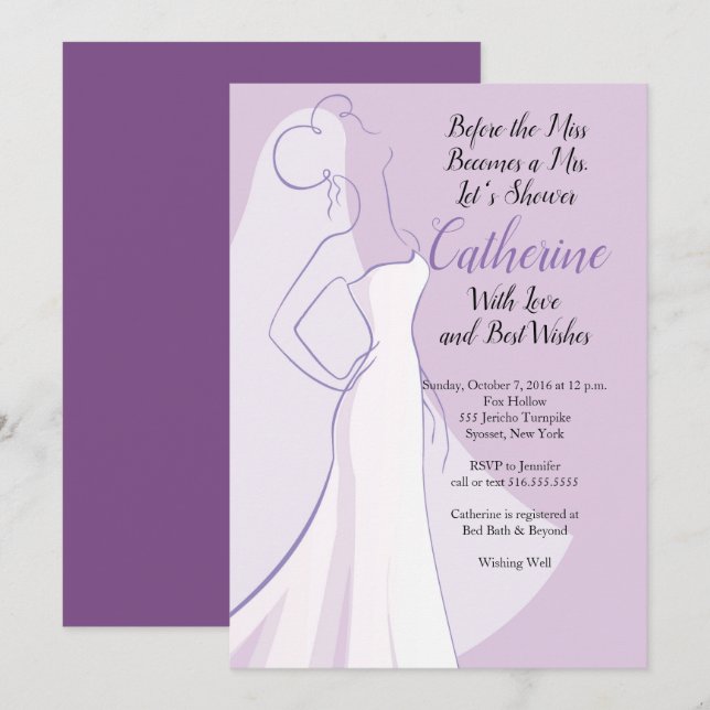 Invitación Lavanda Vestido blanco morado Ducha de novia (Anverso / Reverso)
