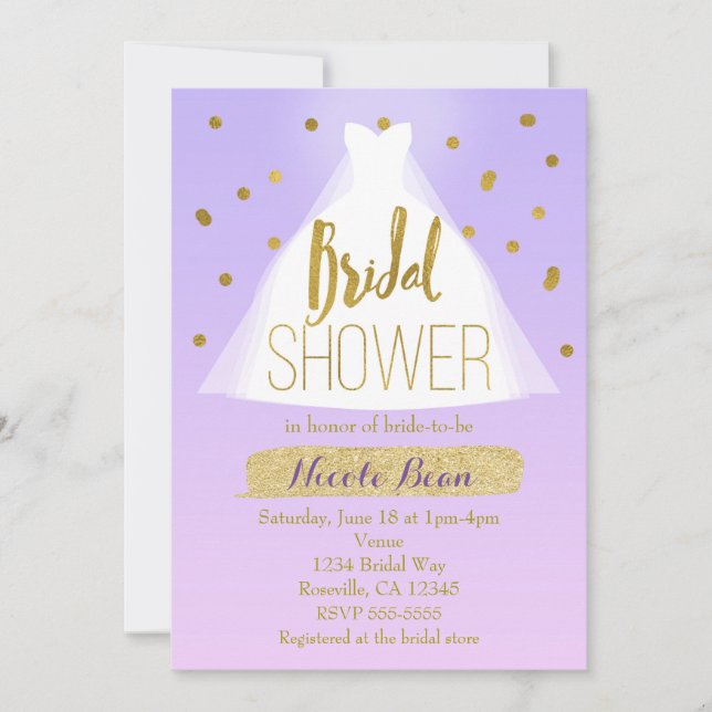 Invitación Lavanda Vestido Boda de ducha de novia rosa y dora (Anverso)