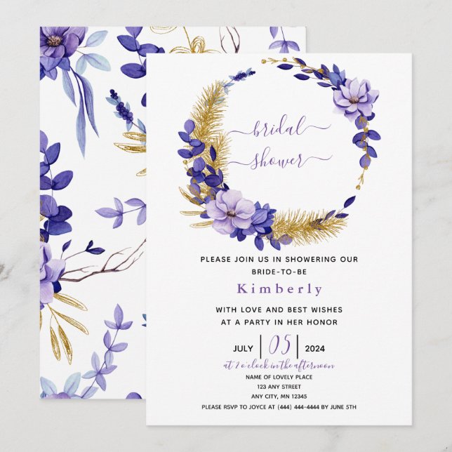 Invitación Lavanda violeta y ducha dorada de novia floral (Anverso / Reverso)
