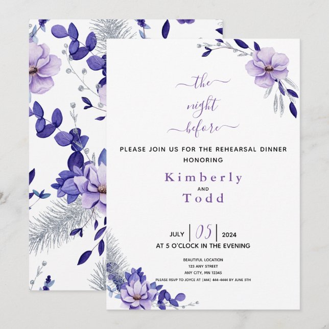 Invitación Lavanda violeta y plateada ensayo floral Cena I (Anverso / Reverso)