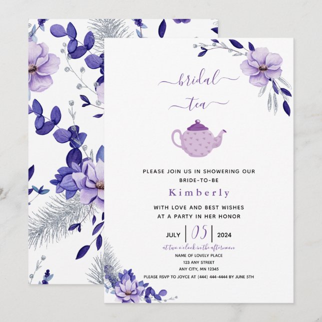 Invitación Lavanda violeta y té de novia floral plateado (Anverso / Reverso)