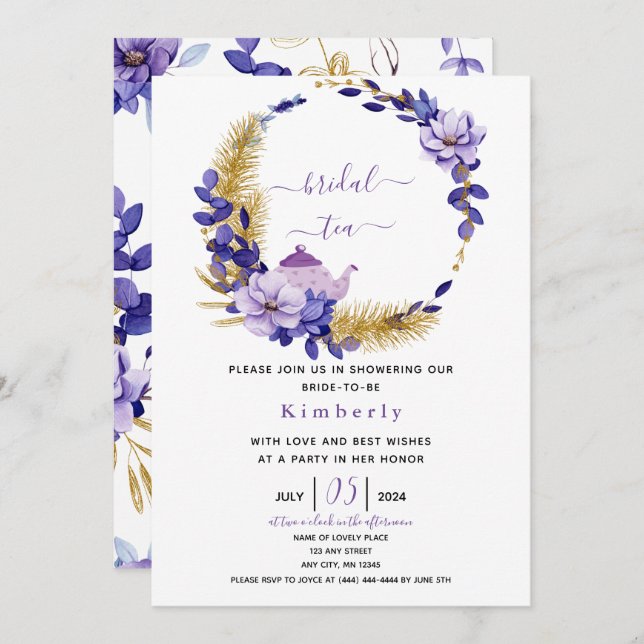 Invitación Lavanda violeta y té dorado floral de novia (Anverso / Reverso)