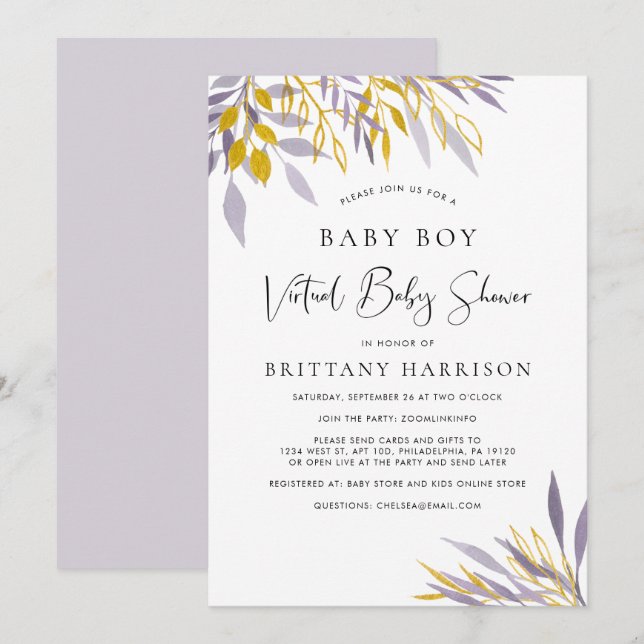 Invitación Lavanda virtual Gold Floral Baby Boy Shower (Anverso / Reverso)