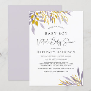 Invitación Lavanda virtual Gold Floral Baby Boy Shower