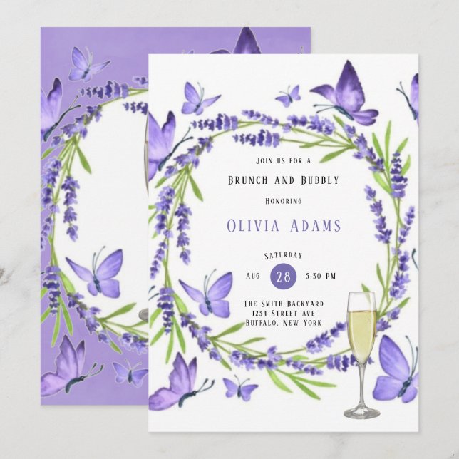 Invitación Lavanda Wisteria & Mariposas Brunch & Bubbly In (Anverso / Reverso)