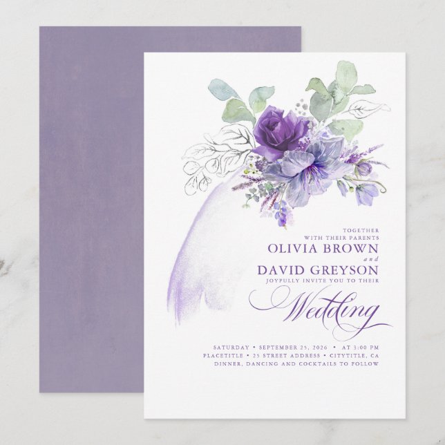 Invitación Lavanda y Boda Boho moderno elegante plateado (Anverso / Reverso)