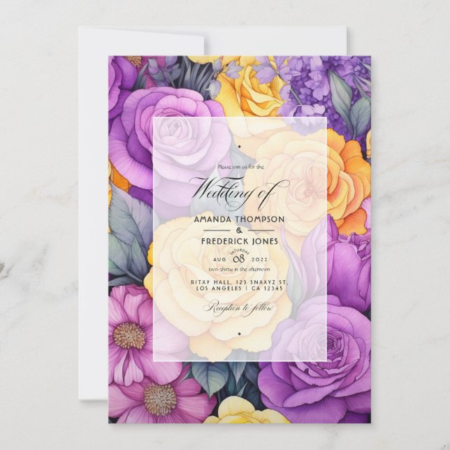 Invitación Lavanda y boda de primavera floral amarilla (Anverso)