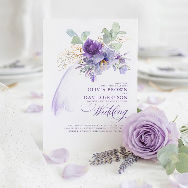 Invitación Lavanda y Boda del Boho moderno con elegancia dora (Purple Flowers and Gold Greenery Botanical Sophisticated Wedding Invitations)