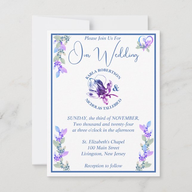 Invitación Lavanda y Boda floral de la garganta azul (Anverso)