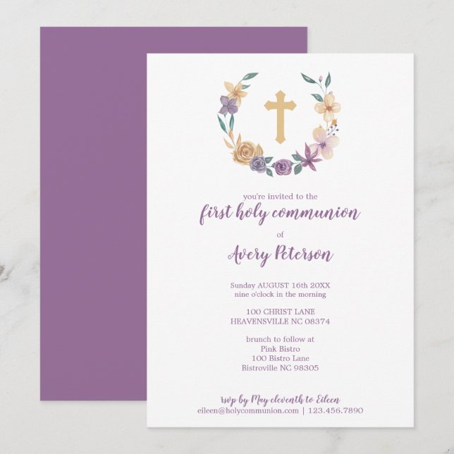 Invitación Lavanda y cruz floral dorada Primera comunión sagr (Anverso / Reverso)
