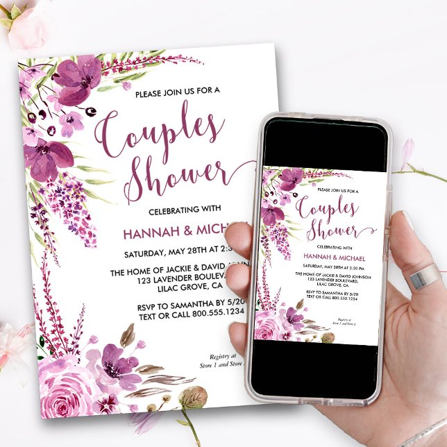 Invitación Lavanda y ducha de Lilacs Parejas Florales (Lavender and Lilacs Couples Shower invitation)
