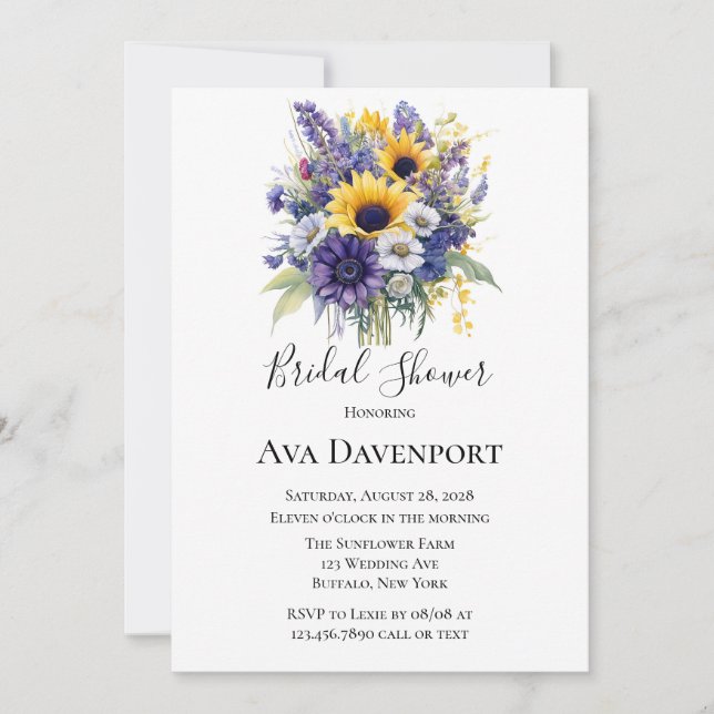 Invitación Lavanda y ducha de novia con girasoles (Anverso)
