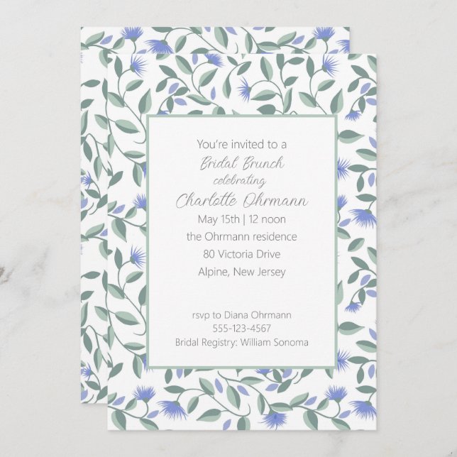 Invitación Lavanda y ducha de novia floral verde sabrosa (Anverso / Reverso)