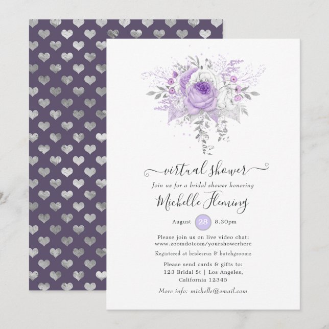 Invitación Lavanda y ducha virtual floral plateada (Anverso / Reverso)
