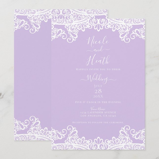Invitación Lavanda y Encaje Blanco Boda Elegante (Anverso / Reverso)