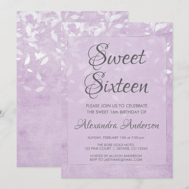 Invitación Lavanda y fiesta de cumpleaños 16 de dulce blanco (Anverso / Reverso)